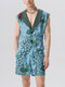 Mens Plant Print Lapel Waistcoat Two Pieces Outfits - Blue