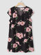 Flower Print Short Sleeve V-neck Dress For Women - Black