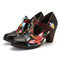 SOCOFY Folkways Colorful Flowers Stitching Genuine Leather Retro T-Strap Dress Pumps For Women - Black