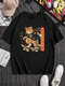 Mens Japanese Skateboard Cat Print Crew Neck Short Sleeve T-Shirts Winter - Black