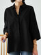 Solid Lapel Loose Casual 3/4 Sleeve Women Shirt - Black