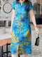 Women Allover Floral Print Split Hem Cotton Short Sleeve Dress - Blue