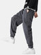 Mens Corduroy Solid Color Plain Drawstring Jogger Pants With Pocket - Gray