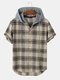 Mens Plaid Button Up Cotton Short Sleeve Contrast Hooded Shirts - Khaki