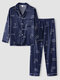 Men Faux Silk Letter Smooth Round Neck Luxury Long Pajama Sets - Blue