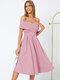 Dreamy Date Night Solid Overlay Off The Shoulder Pleated Dress - Pink