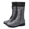 Women Vintage Wool Knitting Detailed Lace Up Zipper Mid-calf Boots - Grey
