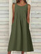 Women Solid Pleated Crew Neck Casual Sleeveless Dress - Army Green