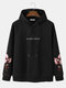 Mens Letter Floral Embroidered Overhead Casual Drawstring Hoodies - Black