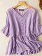 Cotton Solid Button Ruched Ruffle Short Sleeve Blouse - Purple