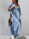 Casual Button O-neck Pleated Long Sleeve Plus Size Dress With Pockets - Blue