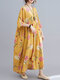 Flower Print Half Sleeve O-neck Loose Women Vintage Dress - Yellow