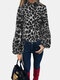 Leopard Print Long Latern Sleeve Plus Size Shirt - Dark Grey