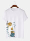 मेन्स जापानी स्टाइल कैट प्रिंट क्रू नेक कॉटन शॉर्ट स्लीव टी-शर्ट्स - सफेद