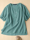 Solid Short Sleeve Casual Crew Neck Women Blouse - Green
