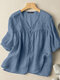 Lace Panel Solid V-neck Button Front 3/4 Sleeve Blouse - Blue