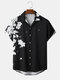 Mens Monochrome Floral Print Button Up Short Sleeve Black Shirts - Black