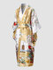 Women Satin Kimono Style Bowknot Shawl Collar Calf Length Soft Robes - Yellow