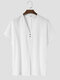 Mens Solid Color V-Neck Button Split Hem Cotton Short Sleeve T-Shirts - White