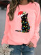Christmas Black Cat Print Long Sleeves O-neck Sweatshirt For Women - Pink