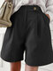 Shorts soltos femininos de bolso sólido casual com pernas largas - Preto