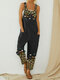 Butterfly Flower Print Strap Button Casual Jumpsuit With Pocket - Black