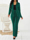 Solid Color Button Pocket Long Sleeve Casual Suit for Women - Green