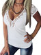 Camiseta de manga corta con cuello en V profundo y patchwork de encaje para mujer - Beige