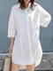 Women Solid Lapel Button Front Casual Shirt Dress - White