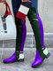 Large Size Women Color Block Buckle Design Side-zip Comfy Over The Knee Boots - Green & Purple