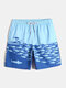 Blue Shark Printed Drawstring Lightweight Mesh-Lined Beach Board Shorts With Magic Straps Pocket - Blue