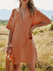 Solid Color V-neck Pocket Half Sleeve Loose Casual Dress - Orange