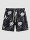 Men Floral & Leaves Graphic Wide Legged Vacation Beachwear Shorts - Black