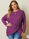 Casual Solid Color O-neck Long Sleeve Plus Size Knotted Blouse - Purple