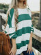 Contrast Color Stripe Long Sleeve Loose Blouse For Women - Green
