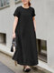 Solid Pocket Round Neck Short Sleeve Casual Cotton Maxi Dress - Black