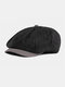 Men Plain Color Casual Personality Stripe Pattern Newsboy Hat Octagonal Cap Flat Hat - Black