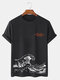 Camisetas de manga corta de algodón con estampado de eslogan Wave para hombre Cuello - Negro