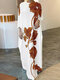 Vestido longo feminino com estampa floral decote careca solto manga 3/4 - Cáqui