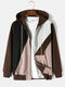 Mens Color Block Patchwork Zip Front Drawstring Hooded Jacket - Coffee