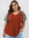Leopard Print V-neck Raglan Sleeve Plus Size T-shirt for Women - Orange
