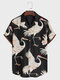 Mens Japanese Crane Print Revere Collar Short Sleeve Shirts - Black