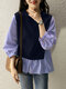 Stripe Patchwork Puff Sleeve Crew Neck Casual Blouse - Blue