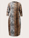 Plus Size Bodycon Pattern O-neck Casual Women Print Dress - Gray