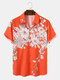 Mens Monochrome Plant Flower Print Button Up Short Sleeve Shirts - Orange Red