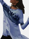 Vintage Printed Long Sleeve O-neck Asymmetrical T-shirt For Women - Blue