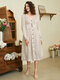 Floral Print Button V-neck Pleated Long Sleeve Dress - White