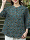 Women Ditsy Floral Print Stand Collar Half Button Cotton Blouse - Blue