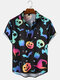 Mens Funny Luminous Pumpkin Skull Print Halloween Relaxed Fit Short Sleeve Shirts - Black