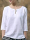 Women Plain Button Detail Cotton 3/4 Sleeve Blouse - White